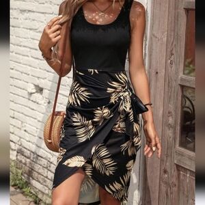 Tropical Print Wrap Midi Dress